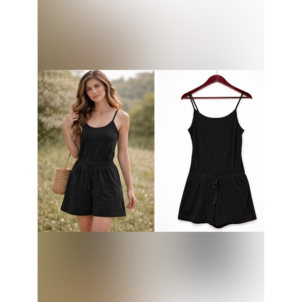 Theory Black Cotton Romper Adjustable Strap Drawstring‎ Waist Size S Minimalist